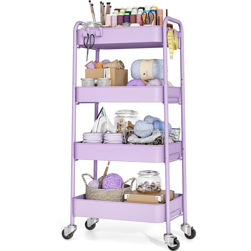 TOOLF 4-Tier Rolling Cart - Metal Storage Organizer with Lockable Wheels, 44 lbs Per Shelf Capacity, Tool-Free Assembly, for Kitchen Bathroom Office Laundry Room Nursery, Purple - Image 1