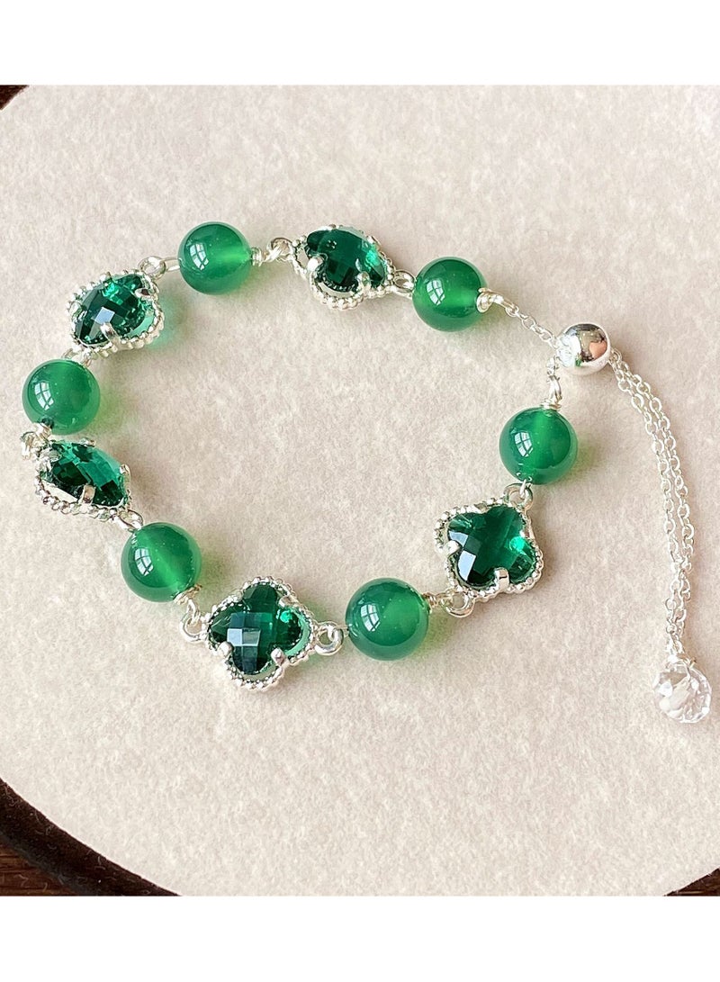 Sugar Heart Agate Beaded Bracelet, Clover Crystal Bracelet, Sweet Alloy Jewelry