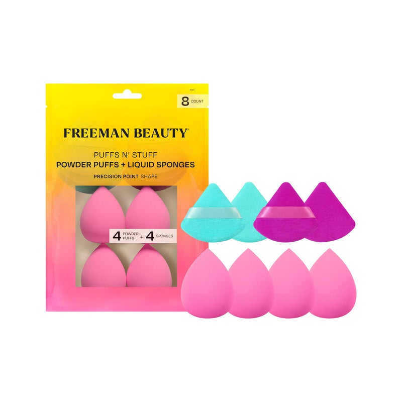 Freeman Puffs N' Stuff Powder Puffs + Liquid Sponges 8 Count Set, Makeup Blending Sponges For Liquid & Cream Foundation & Concealer, Triangle Powder Puff For Setting Powder, Vegan & Cruelty Free - Image 1