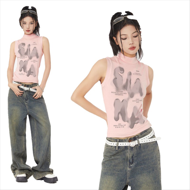 Glbx02 Mankun 2024 Spring American High Street Fashion Brand Top Graffiti Letters Niche Sweet Cool Style Sleeveless T-Shirt - Image 2