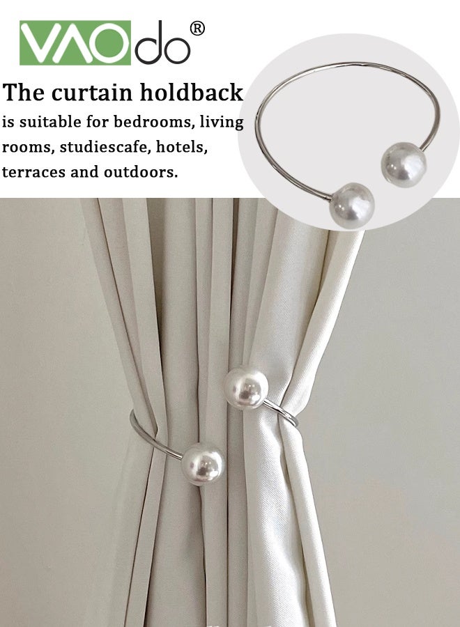 فاو دو 2 قطعة من وصلات الستائر المعدنية، وصلات الستائر المزينة باللؤلؤ، ديكور المنزل، وصلات ستائر قابلة للتعديل بنمط حديث للمنزل والمكتب والفنادق - فضي - Image 2