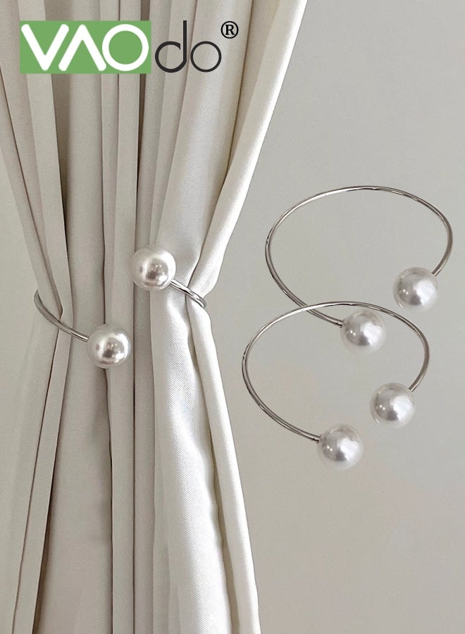 فاو دو 2 قطعة من وصلات الستائر المعدنية، وصلات الستائر المزينة باللؤلؤ، ديكور المنزل، وصلات ستائر قابلة للتعديل بنمط حديث للمنزل والمكتب والفنادق - فضي - Image 1