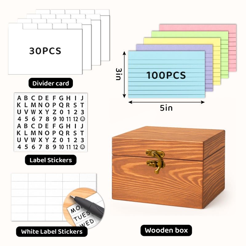 MOBYKE Index Card Holder 3x5, wooden Origanizer Recipe Box with 100 PCS Flash cards, 30 White Dividers, 1 Blank Sticker and 1 Letter Sticker, Flashcard Notecard Holders for Home Office - Image 2