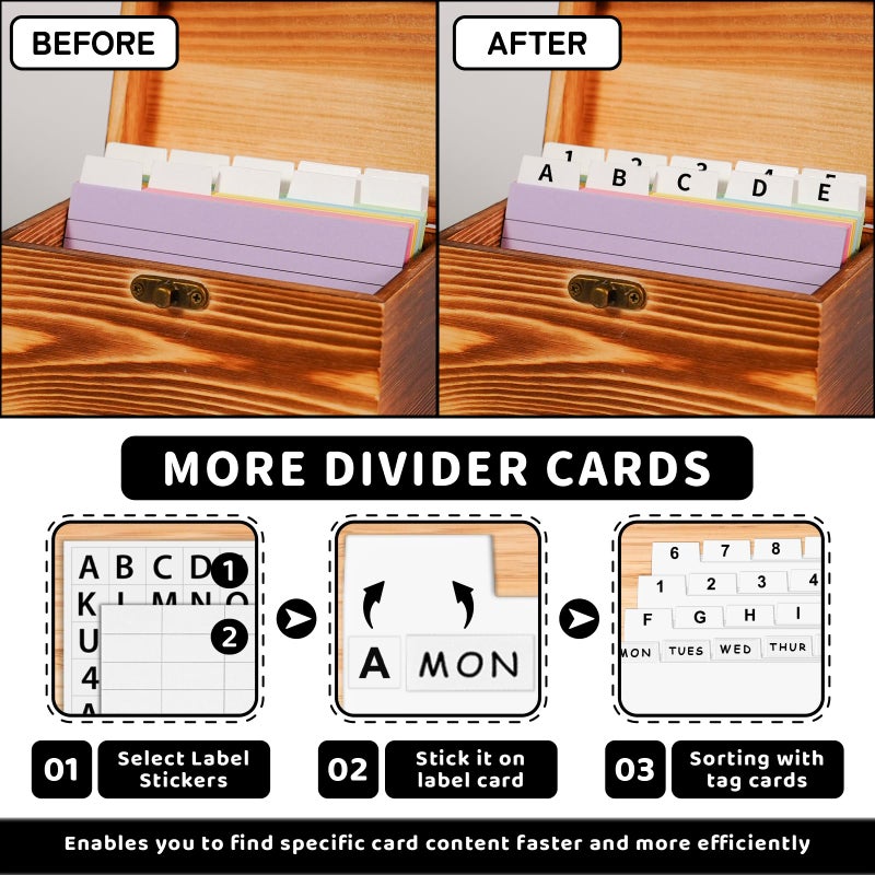 MOBYKE Index Card Holder 3x5, wooden Origanizer Recipe Box with 100 PCS Flash cards, 30 White Dividers, 1 Blank Sticker and 1 Letter Sticker, Flashcard Notecard Holders for Home Office - Image 4