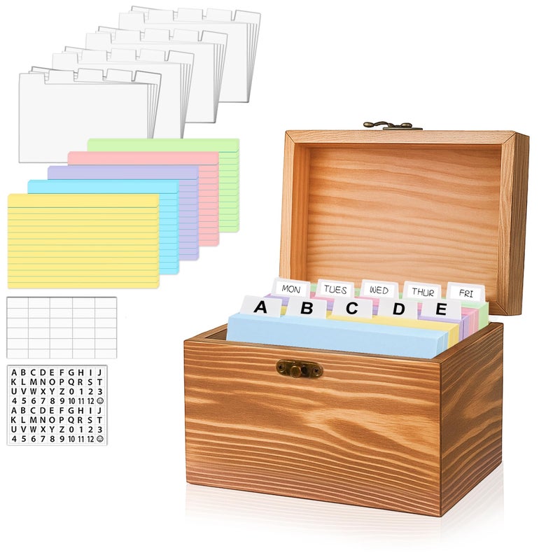 MOBYKE Index Card Holder 3x5, wooden Origanizer Recipe Box with 100 PCS Flash cards, 30 White Dividers, 1 Blank Sticker and 1 Letter Sticker, Flashcard Notecard Holders for Home Office - Image 1