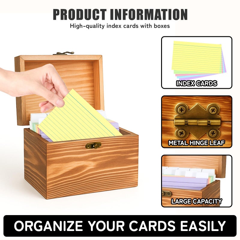 MOBYKE Index Card Holder 3x5, wooden Origanizer Recipe Box with 100 PCS Flash cards, 30 White Dividers, 1 Blank Sticker and 1 Letter Sticker, Flashcard Notecard Holders for Home Office - Image 3