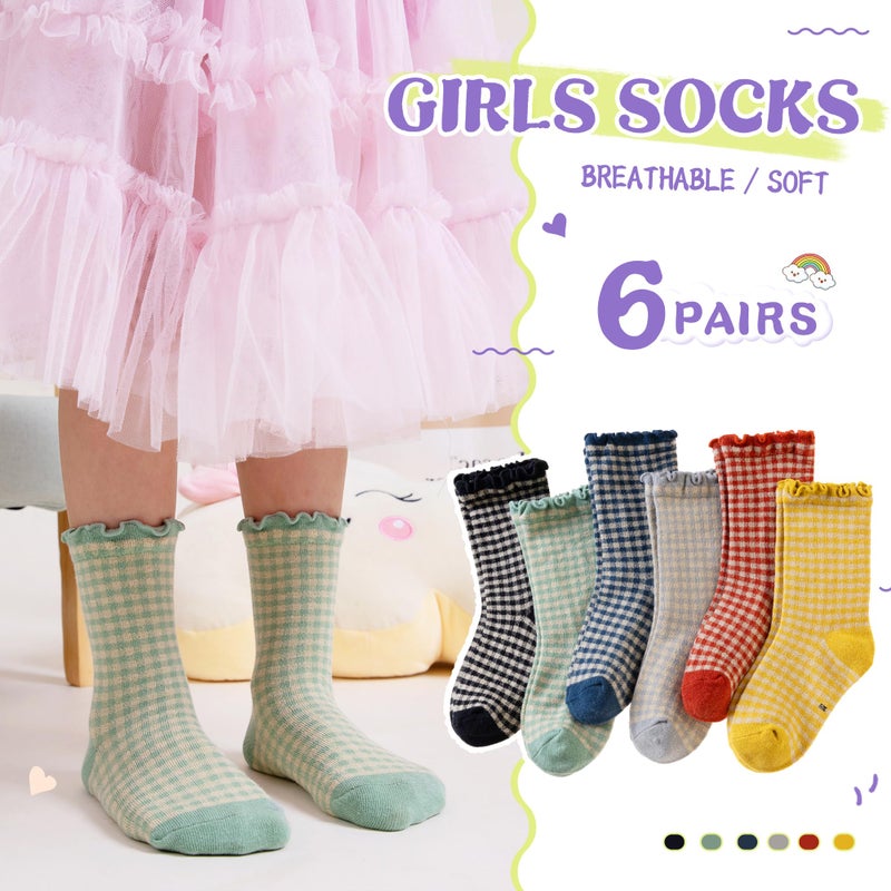SeeyAN Girls Ruffle Socks Frilly Kids Crew Dress Cotton Soft Cute Toddler Socks 6 Pairs (6 Pairs Grid, 6-8 Years) - Image 2