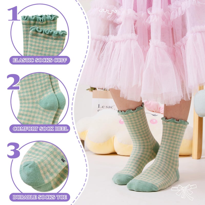 SeeyAN Girls Ruffle Socks Frilly Kids Crew Dress Cotton Soft Cute Toddler Socks 6 Pairs (6 Pairs Grid, 6-8 Years) - Image 5
