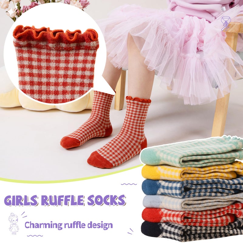 SeeyAN Girls Ruffle Socks Frilly Kids Crew Dress Cotton Soft Cute Toddler Socks 6 Pairs (6 Pairs Grid, 6-8 Years) - Image 4