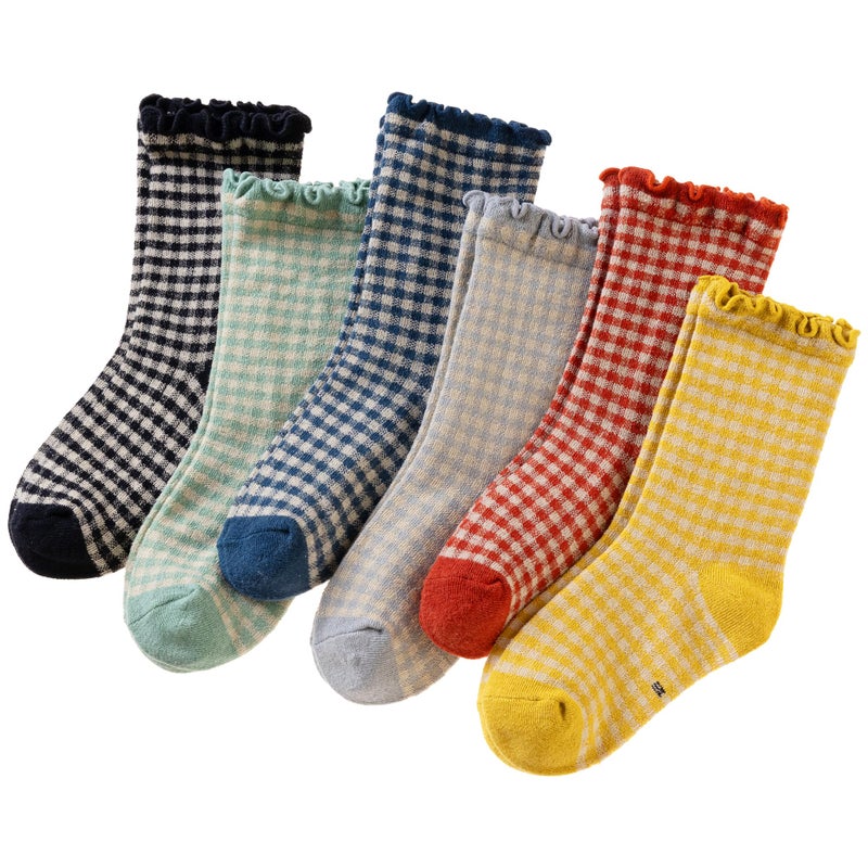 SeeyAN Girls Ruffle Socks Frilly Kids Crew Dress Cotton Soft Cute Toddler Socks 6 Pairs (6 Pairs Grid, 6-8 Years) - Image 1