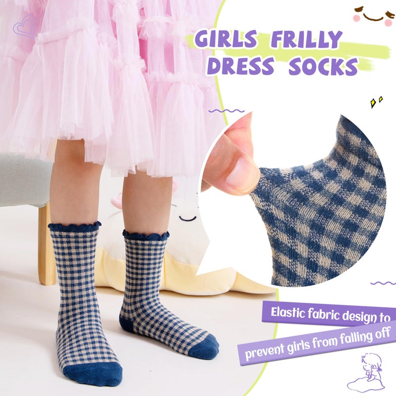 SeeyAN Girls Ruffle Socks Frilly Kids Crew Dress Cotton Soft Cute Toddler Socks 6 Pairs (6 Pairs Grid, 6-8 Years) - Image 3