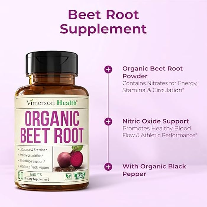 Vimerson Health USDA Organic Beetroot Supplement – Pure Beet Root Powder with Organic Black Pepper for Circulation, Energy & Stamina – Nitric Oxide Support for Pre & Post Workout Performance & Endurance – 60 Tablets - Image 5