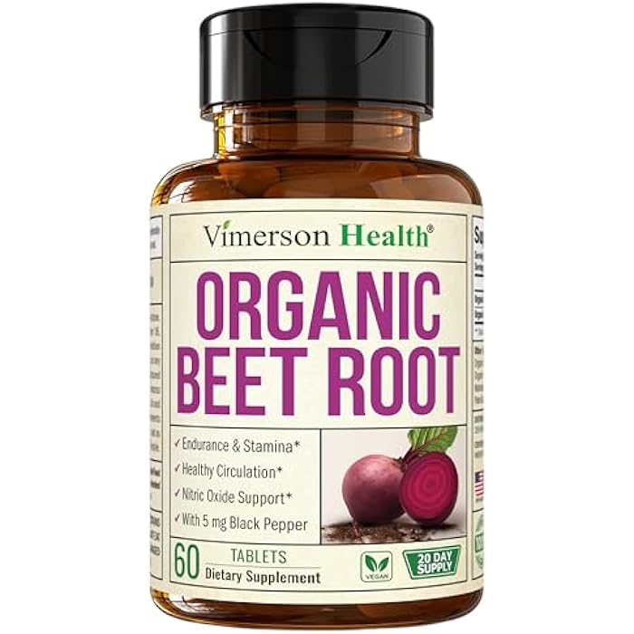 Vimerson Health USDA Organic Beetroot Supplement – Pure Beet Root Powder with Organic Black Pepper for Circulation, Energy & Stamina – Nitric Oxide Support for Pre & Post Workout Performance & Endurance – 60 Tablets - Image 1