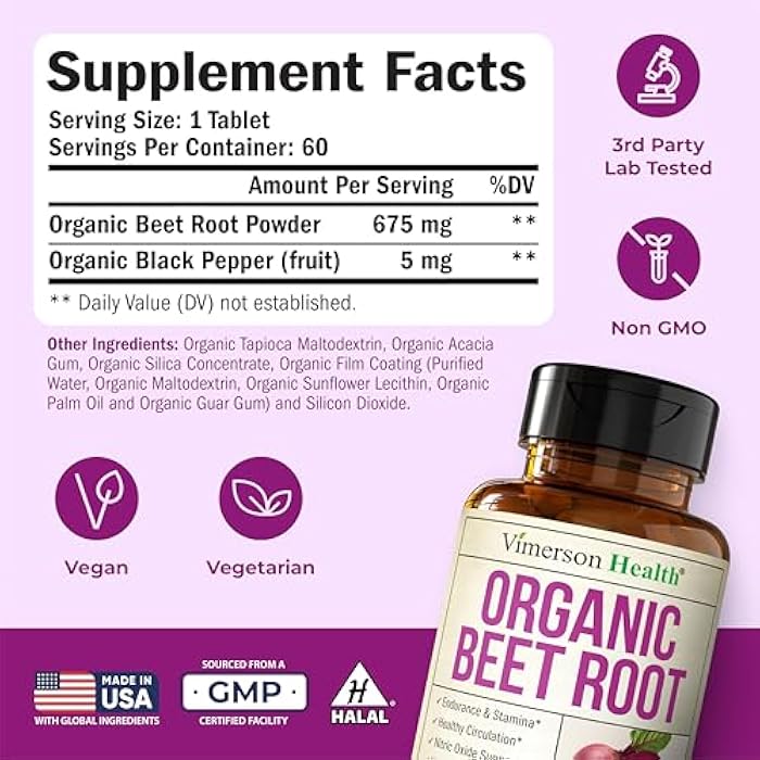Vimerson Health USDA Organic Beetroot Supplement – Pure Beet Root Powder with Organic Black Pepper for Circulation, Energy & Stamina – Nitric Oxide Support for Pre & Post Workout Performance & Endurance – 60 Tablets - Image 2