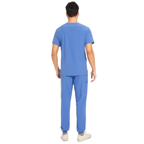 COZYFIT Men's Scrubs Set - Stretch V-Neck Top & Jogger Pant with 8 Pockets, Yoga Waistband, Anti-Wrinkle Scrubs - Ceil Blue, M - Image 2