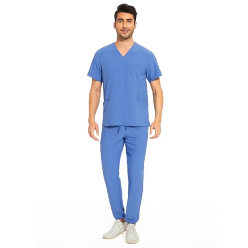 COZYFIT Men's Scrubs Set - Stretch V-Neck Top & Jogger Pant with 8 Pockets, Yoga Waistband, Anti-Wrinkle Scrubs - Ceil Blue, M - Image 1