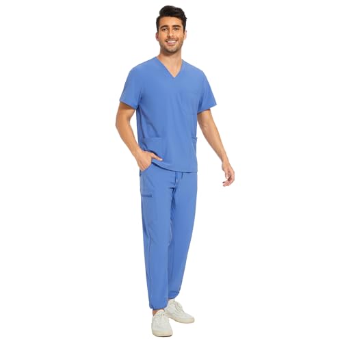 COZYFIT Men's Scrubs Set - Stretch V-Neck Top & Jogger Pant with 8 Pockets, Yoga Waistband, Anti-Wrinkle Scrubs - Ceil Blue, M - Image 3