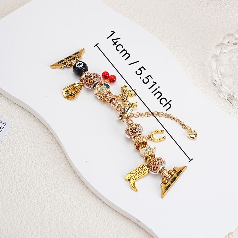 Designer Vintage Music Festival Style Adjustable Leopard Print Cherry 8 Ball Pendant Bracelet Compatible With Apple Watch 42 44 45 49 46mm S10 S11 Golden Replacement Wristband For Women Girl - Image 2