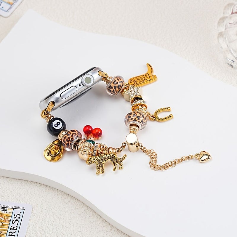Designer Vintage Music Festival Style Adjustable Leopard Print Cherry 8 Ball Pendant Bracelet Compatible With Apple Watch 42 44 45 49 46mm S10 S11 Golden Replacement Wristband For Women Girl - Image 1