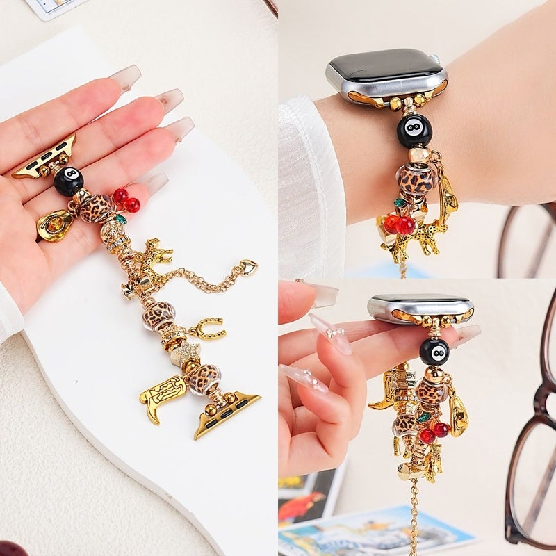 Designer Vintage Music Festival Style Adjustable Leopard Print Cherry 8 Ball Pendant Bracelet Compatible With Apple Watch 42 44 45 49 46mm S10 S11 Golden Replacement Wristband For Women Girl - Image 3