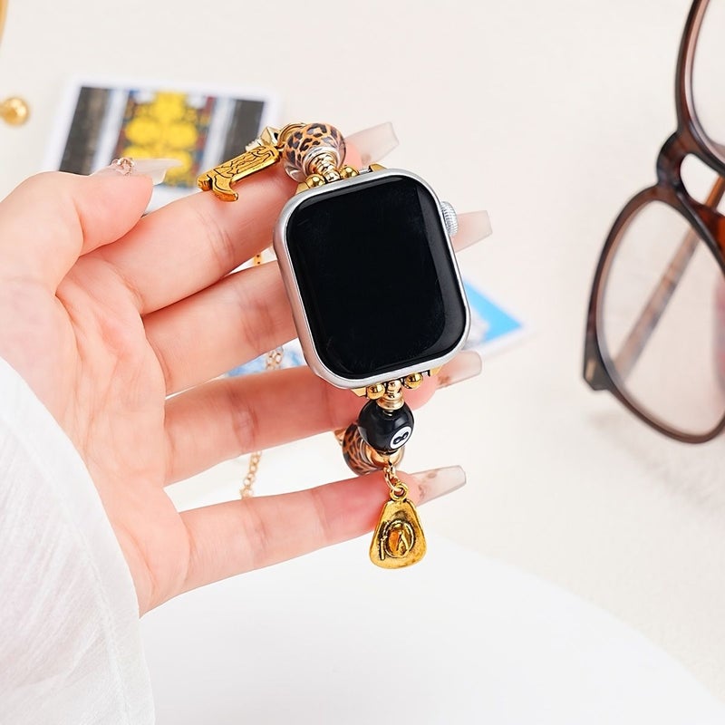 Designer Vintage Music Festival Style Adjustable Leopard Print Cherry 8 Ball Pendant Bracelet Compatible With Apple Watch 42 44 45 49 46mm S10 S11 Golden Replacement Wristband For Women Girl - Image 5