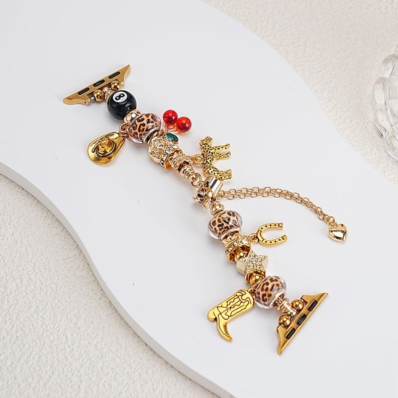 Designer Vintage Music Festival Style Adjustable Leopard Print Cherry 8 Ball Pendant Bracelet Compatible With Apple Watch 42 44 45 49 46mm S10 S11 Golden Replacement Wristband For Women Girl - Image 4
