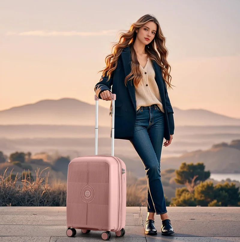 كابينبرو Unisex Expandable Carry On PP Fashion Trolley Lightweight Hard Shell Spinner luggage with 360° Degree 4 Twin Wheel and Double Zippers CP003 Rose