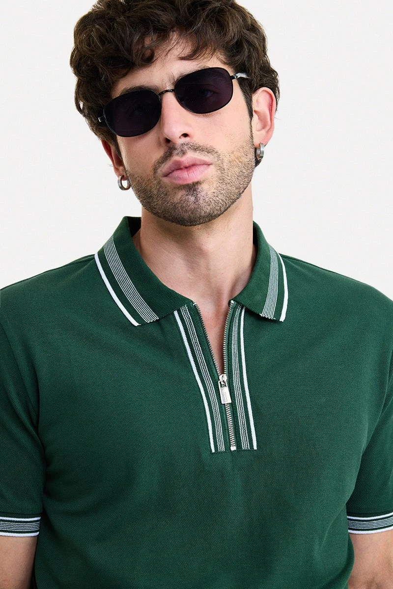SNITCH Dark Green Textured Half Sleeve Regular Fit T-Shirt