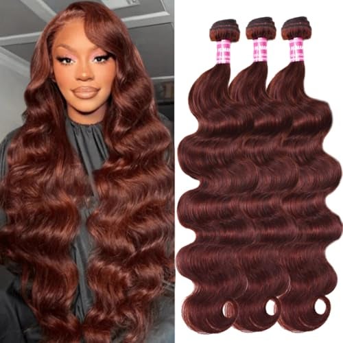 UNICE Reddish Brown Body Wave Human Hair Weave 3 Bundles 16 16 16 inch Brazilian Remy Hair Auburn Brown Copper Red Human Hair Wavy Weaves for Sew in Extensions 33B Color - Image 1
