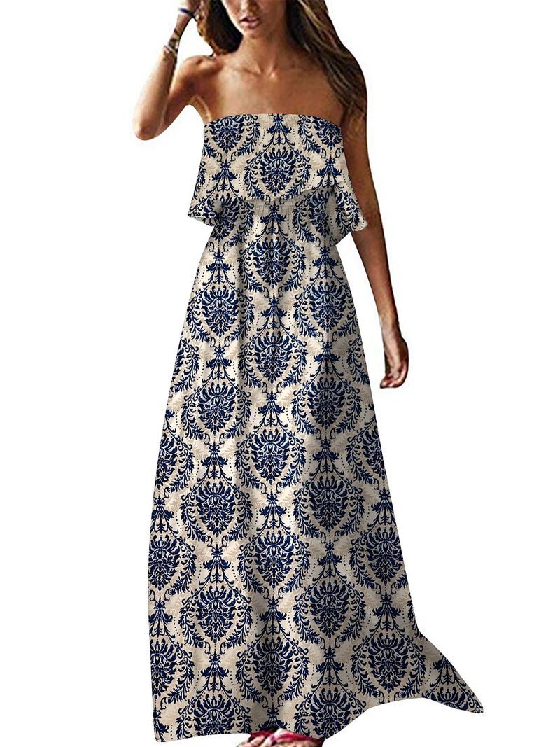 ZMPSIISA Women's Summer Off The Shoulder Maxi Dress Ruffle Strapless Blue White Porcelain Boho Casual Loose Long Dresses(A-Porcelain Navy,Large) - Image 1