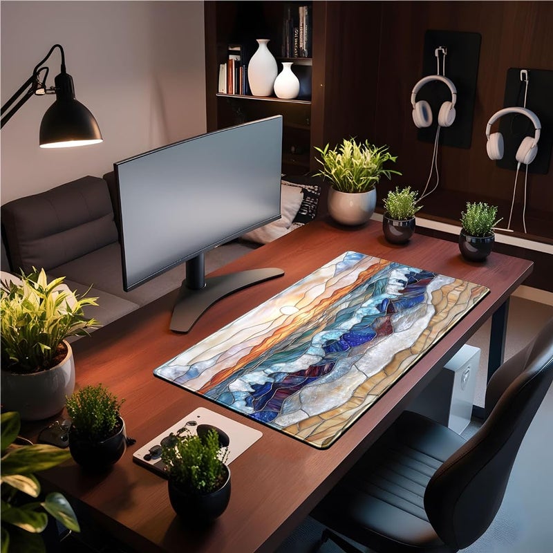 YKJWW Mountain Sunrise Gaming Mouse Pad Large Desk Mat Extended Mouse and Keyboard Pad, Faux Stained Glass Nature Mousepad with Stitched Edge Mouse Desk Pad Computer Mat Soft Aesthetic Decor 31.5 X 15.7 in - Image 2