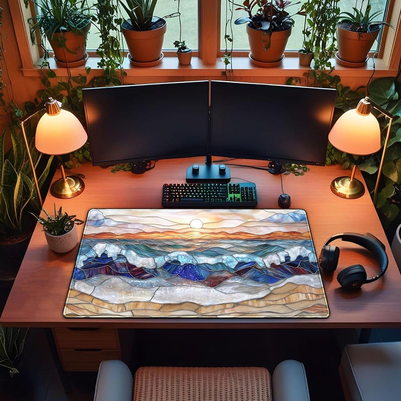YKJWW Mountain Sunrise Gaming Mouse Pad Large Desk Mat Extended Mouse and Keyboard Pad, Faux Stained Glass Nature Mousepad with Stitched Edge Mouse Desk Pad Computer Mat Soft Aesthetic Decor 31.5 X 15.7 in - Image 4