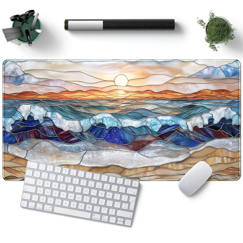 YKJWW Mountain Sunrise Gaming Mouse Pad Large Desk Mat Extended Mouse and Keyboard Pad, Faux Stained Glass Nature Mousepad with Stitched Edge Mouse Desk Pad Computer Mat Soft Aesthetic Decor 31.5 X 15.7 in - Image 1