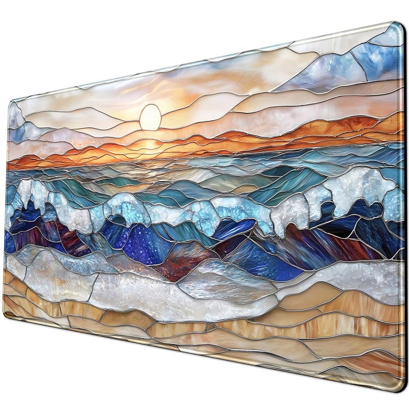 YKJWW Mountain Sunrise Gaming Mouse Pad Large Desk Mat Extended Mouse and Keyboard Pad, Faux Stained Glass Nature Mousepad with Stitched Edge Mouse Desk Pad Computer Mat Soft Aesthetic Decor 31.5 X 15.7 in - Image 5