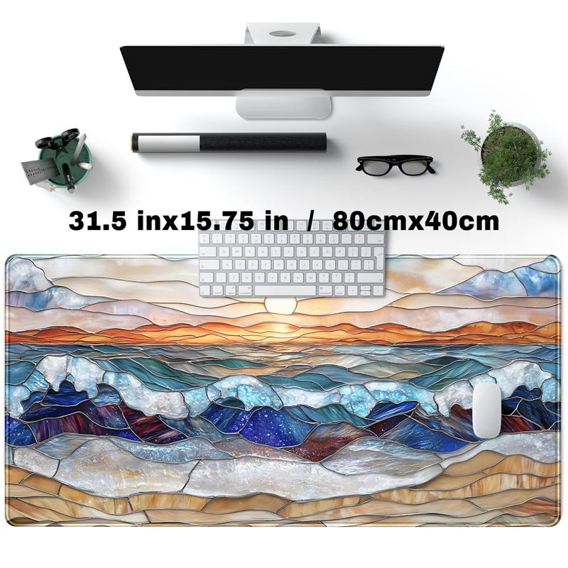 YKJWW Mountain Sunrise Gaming Mouse Pad Large Desk Mat Extended Mouse and Keyboard Pad, Faux Stained Glass Nature Mousepad with Stitched Edge Mouse Desk Pad Computer Mat Soft Aesthetic Decor 31.5 X 15.7 in - Image 3
