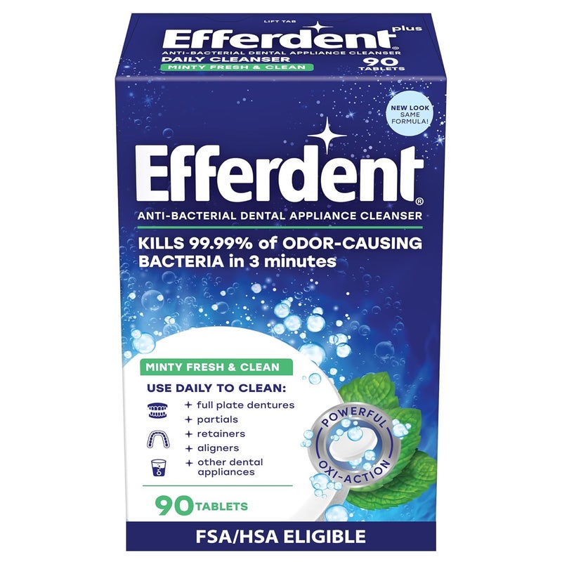 Efferdent Plus Mint AntiBacterial Denture Cleanser 90 tablets Actively Cleans Between Dentures Packaging May Vary - Image 1