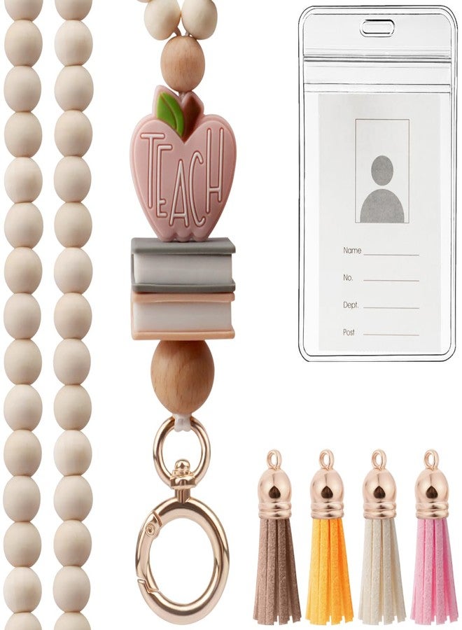 UGELOKI 2024 Teacher Lanyard with ID Holder, Fashion Wood Beaded Lanyard for Key, Super Cute Boho Breakaway Lanyard for Women - Image 1