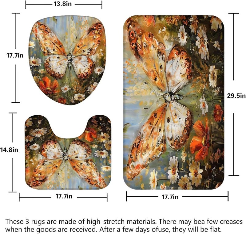Pretyw 4 Pcs Red Butterfly Shower Curtain Sets with Non-Slip Rugs White Flowers Oil Painting Bathroom Decor Sets with Rugs, Toilet Lid Cover and Bath Mat - Image 4