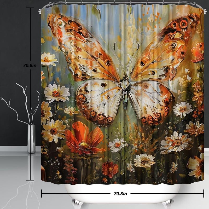 Pretyw 4 Pcs Red Butterfly Shower Curtain Sets with Non-Slip Rugs White Flowers Oil Painting Bathroom Decor Sets with Rugs, Toilet Lid Cover and Bath Mat - Image 3