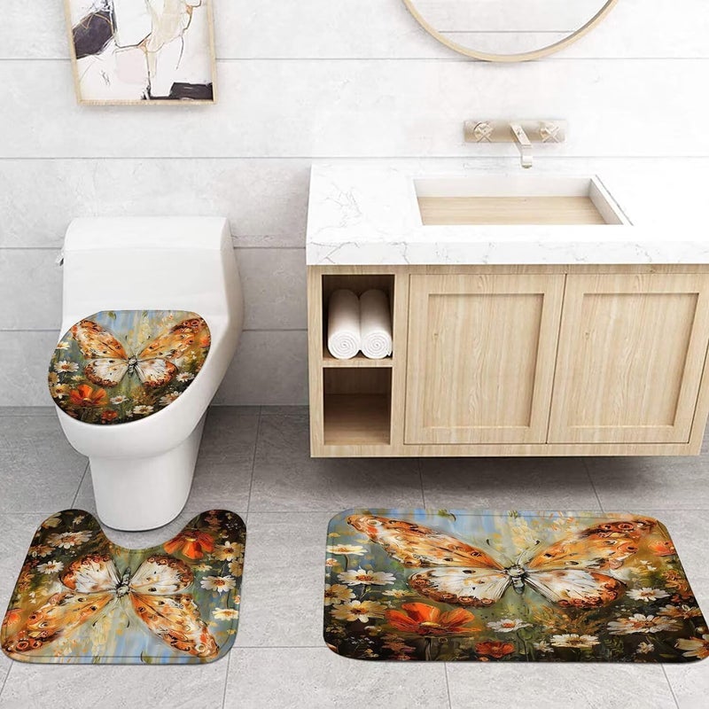 Pretyw 4 Pcs Red Butterfly Shower Curtain Sets with Non-Slip Rugs White Flowers Oil Painting Bathroom Decor Sets with Rugs, Toilet Lid Cover and Bath Mat - Image 2