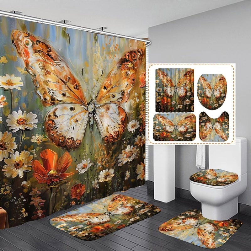 Pretyw 4 Pcs Red Butterfly Shower Curtain Sets with Non-Slip Rugs White Flowers Oil Painting Bathroom Decor Sets with Rugs, Toilet Lid Cover and Bath Mat - Image 1