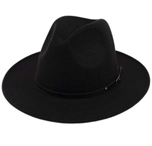 Lanzom Womens Classic Wide Brim Floppy Panama Hat Belt Buckle Wool Fedora Hat (One Size, Black) - Image 1