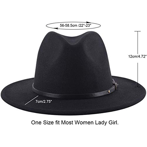 Lanzom Womens Classic Wide Brim Floppy Panama Hat Belt Buckle Wool Fedora Hat (One Size, Black) - Image 2