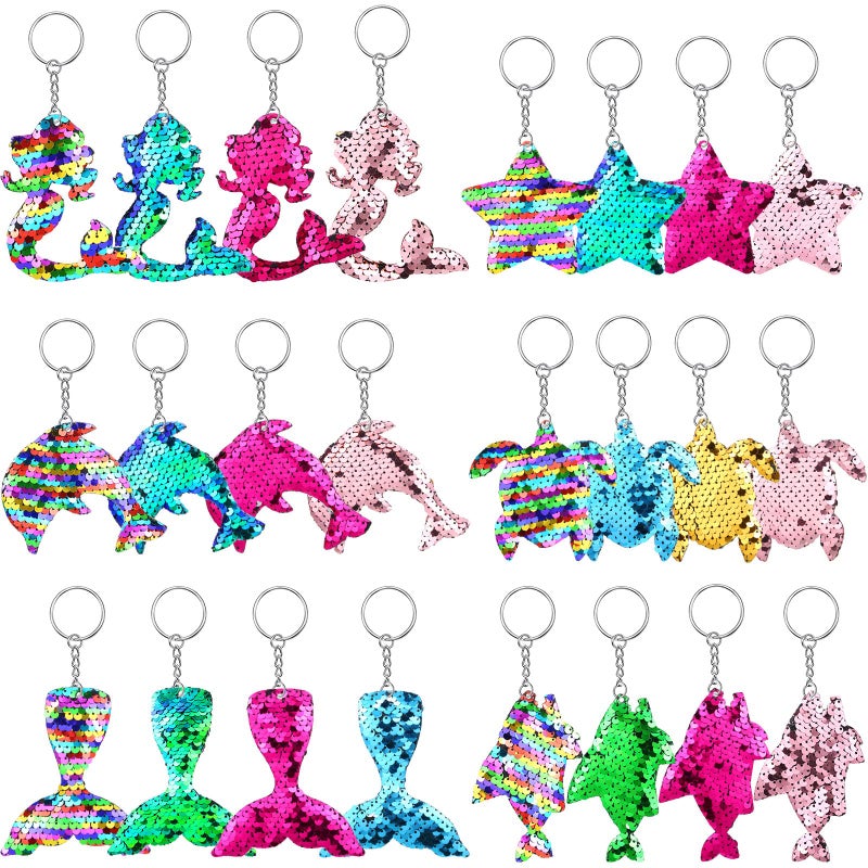 Batiyeer 24 Pcs Mermaid Sequin Keychains Ocean Theme Kids Keyrings Tropical Rainforest Theme Decorations Reversible Girls Party Favor Key Chains Glitter Key Rings for Adults Kid