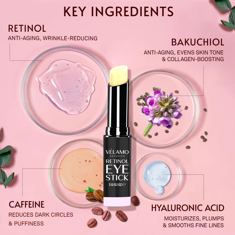VELAMO ADVANCED Retinol Eye Stick: Retinol Eye Cream for Dark Circles and Puffiness with 1% Bakuchiol and Caffeine - Visibly Reduces Fine Lines Wrinkles Under Eye Bags with Upgraded Formula 0.1 OZ/3g - Image 4