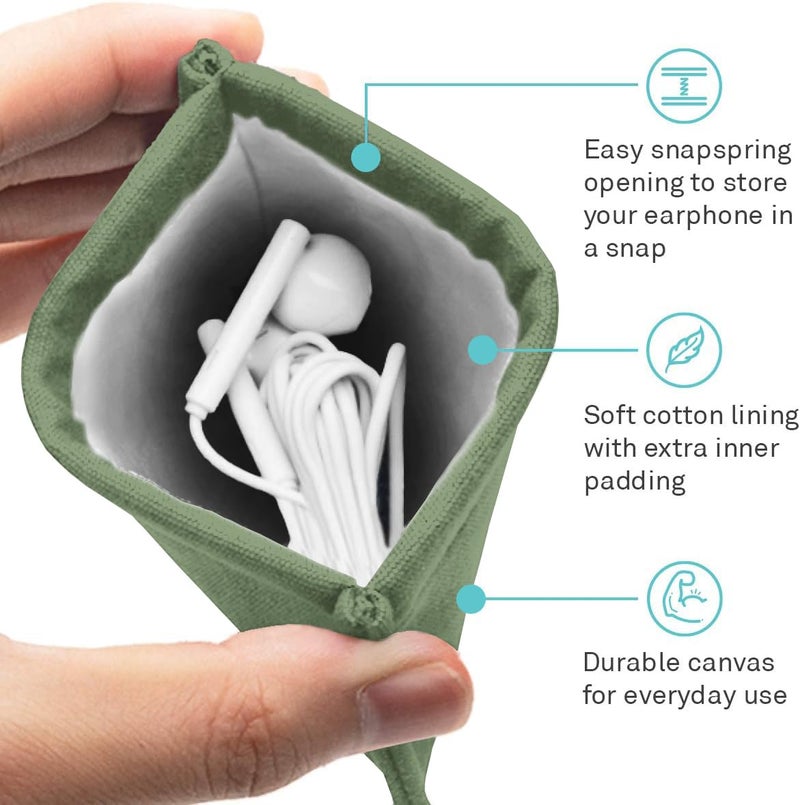 UT Wire Pocket Snap & Store Mobile Earphone Case Pouch, Sage Green with Solid Grey Interior - Image 2