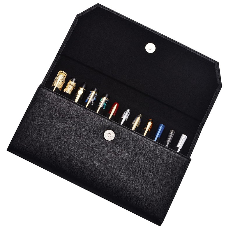 erofa 12 Black Fountain Pen Case PU Leather Organizer Bag Portfolio Waterproof Canvas Pen Display Holder with Divider Slot