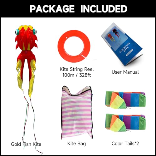 Catch&Hunt 43ft Large Kites for Adults3D Goldfish Frameless Soft Umbrella Giant Flying KitesEasy to Fly with 330Ft Kite String in Beach and Amusement ParksAges 12 Yellow red - Image 3