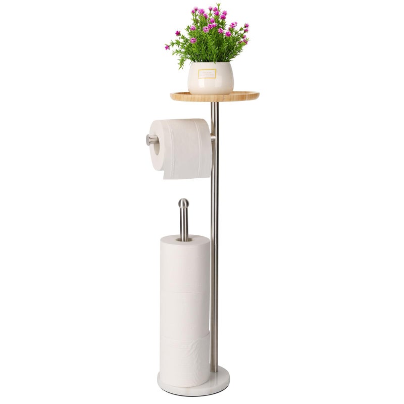 Songtec Toilet Paper Holder Stand with 7.9"" Big Bamboo Tray  2.2Lbs Heavier Marble Base  Floor Standing Paper Holder Stand with Phone Shelf  Reserve for 4 Rolls (Brushed Nickel) - Image 1