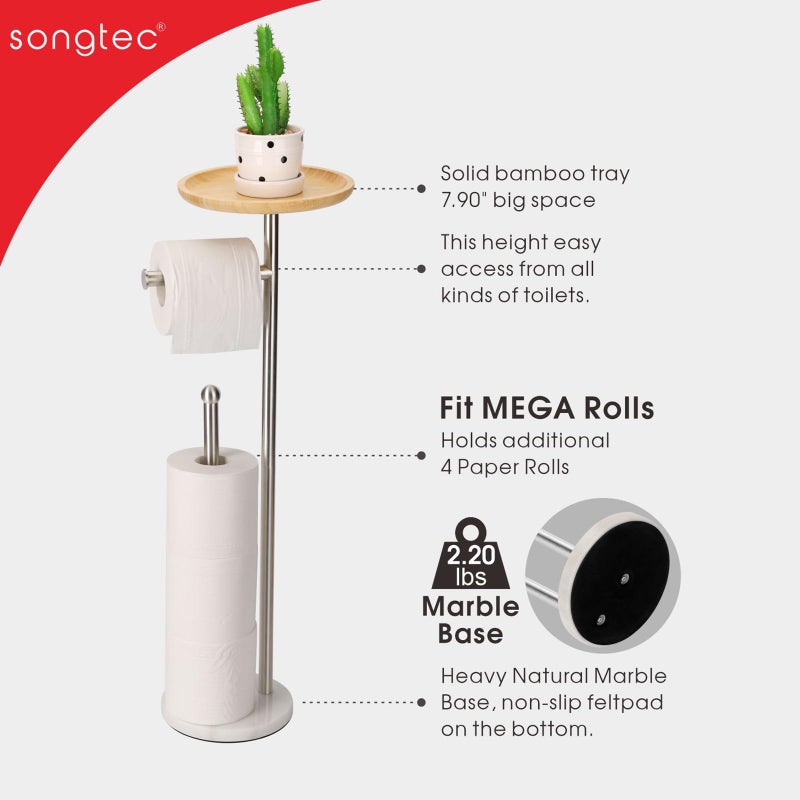 Songtec Toilet Paper Holder Stand with 7.9"" Big Bamboo Tray  2.2Lbs Heavier Marble Base  Floor Standing Paper Holder Stand with Phone Shelf  Reserve for 4 Rolls (Brushed Nickel) - Image 5